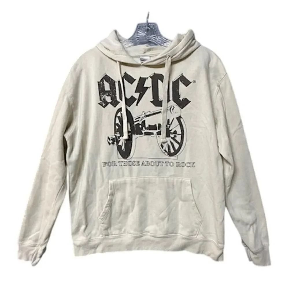 AC/DC Graphic Print Band Hoodie Women's Large Off White & Black